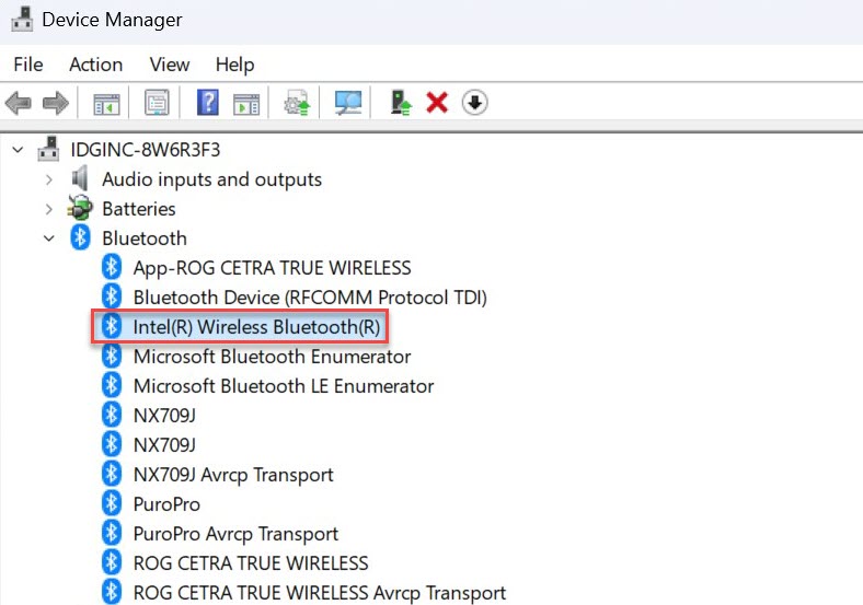 Windows 11 Device Manager with Bluetooth adapter highlighted