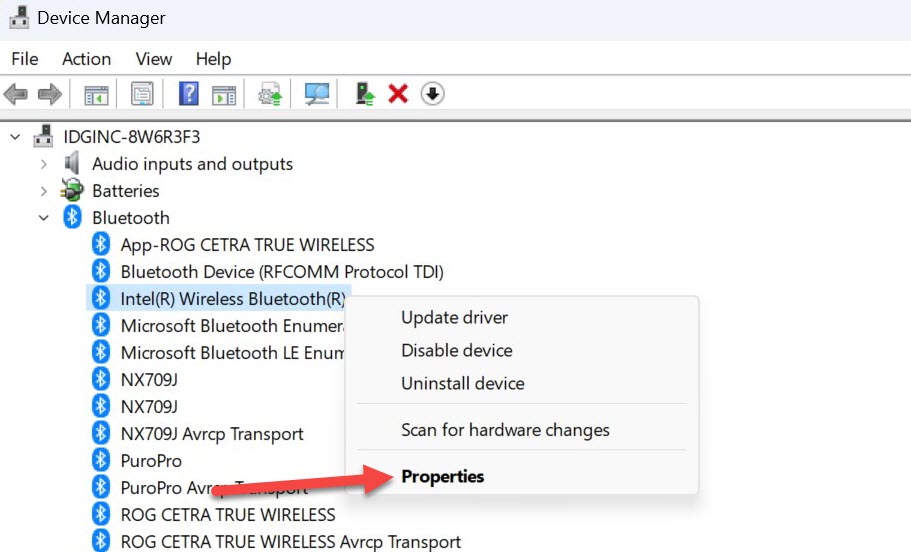 Windows 11 Device Manager with Properties highlighted