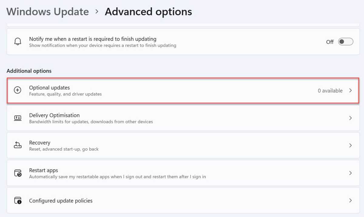 Windows 11 Settings with Optional updates highlighted