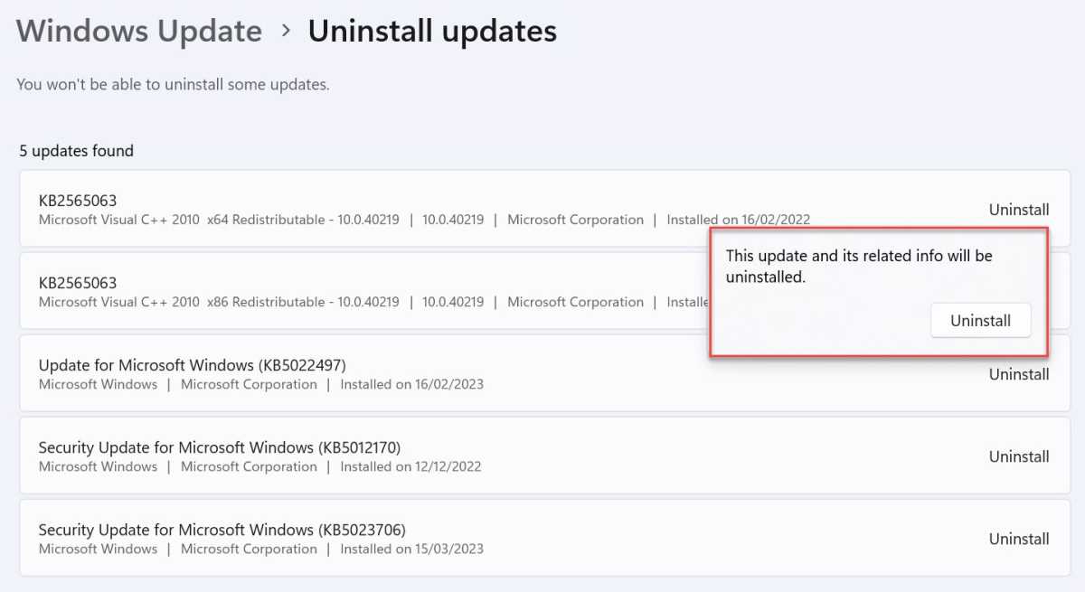Windows 11 Uninstall updates settings with confirmation highlighted