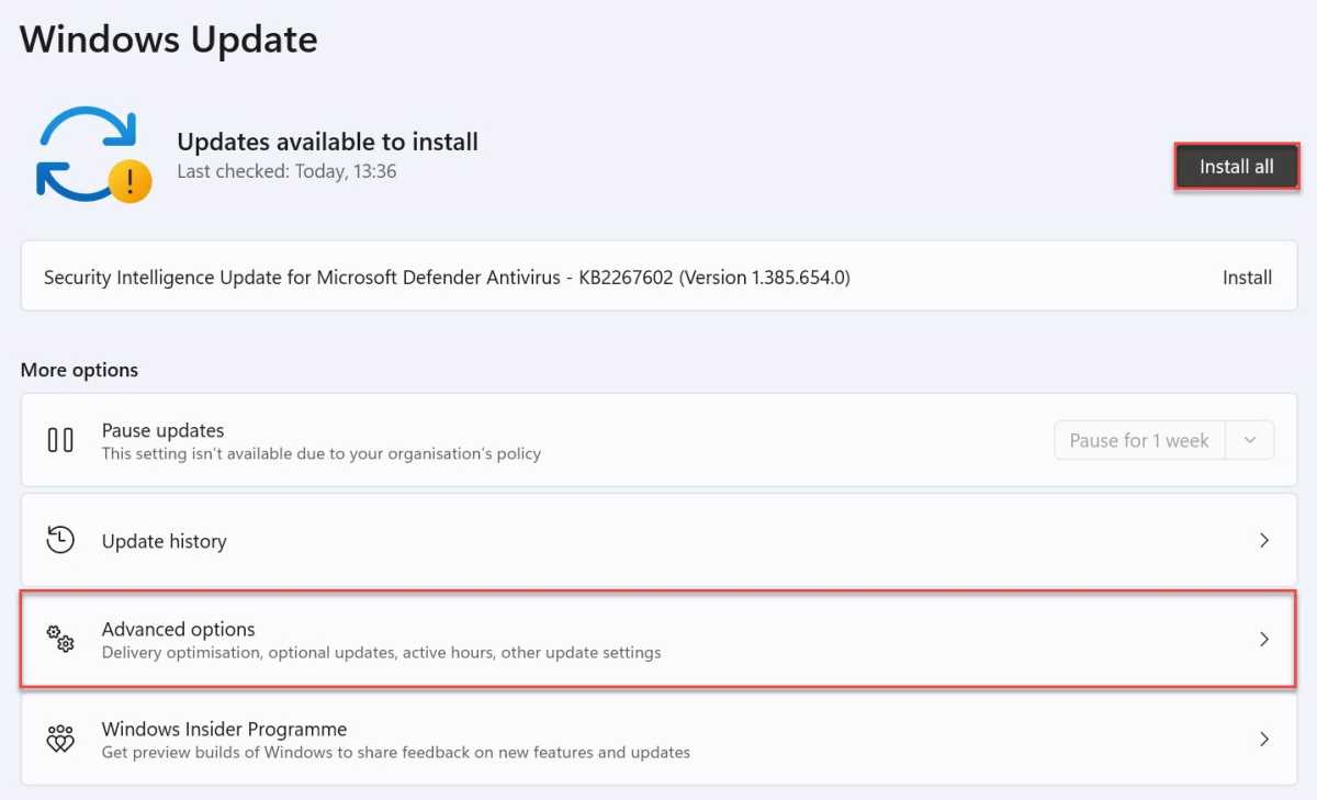 Windows 11 Windows Update Settings with Install all and Advanced options highlighted