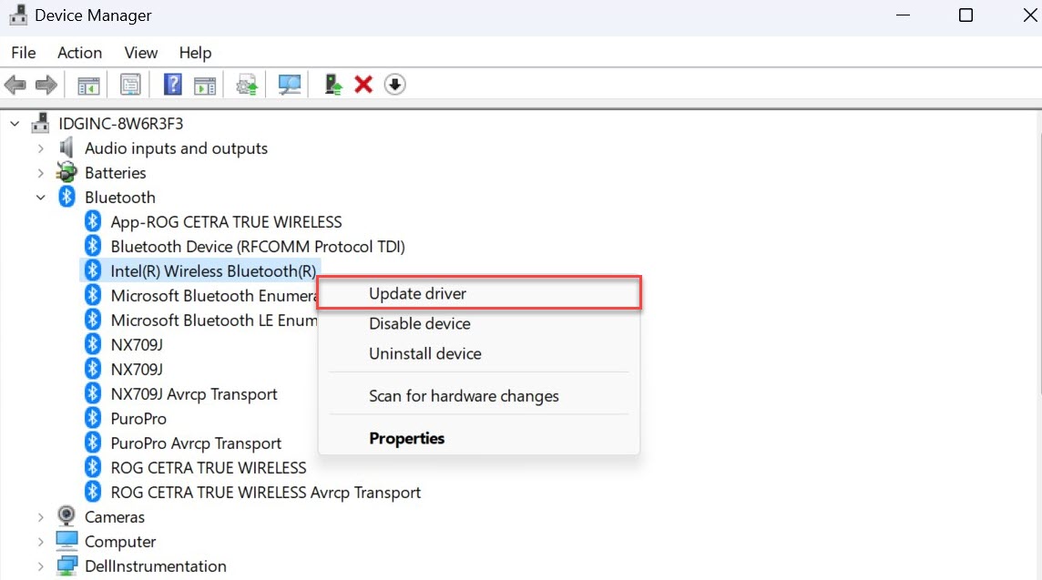 Windows 11 Device Manager with Update driver option highlighted