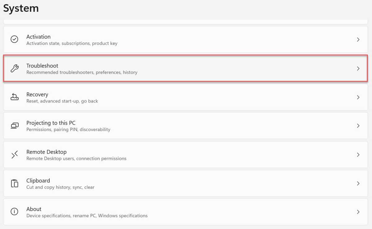 Windows 11 Troubleshoot settings highlighted