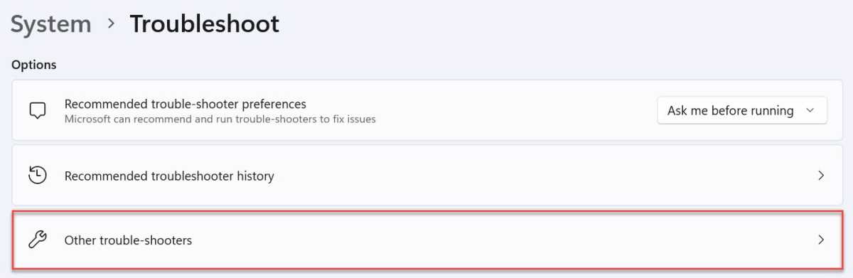 Windows 11 Other trouble-shooters setting highlighted