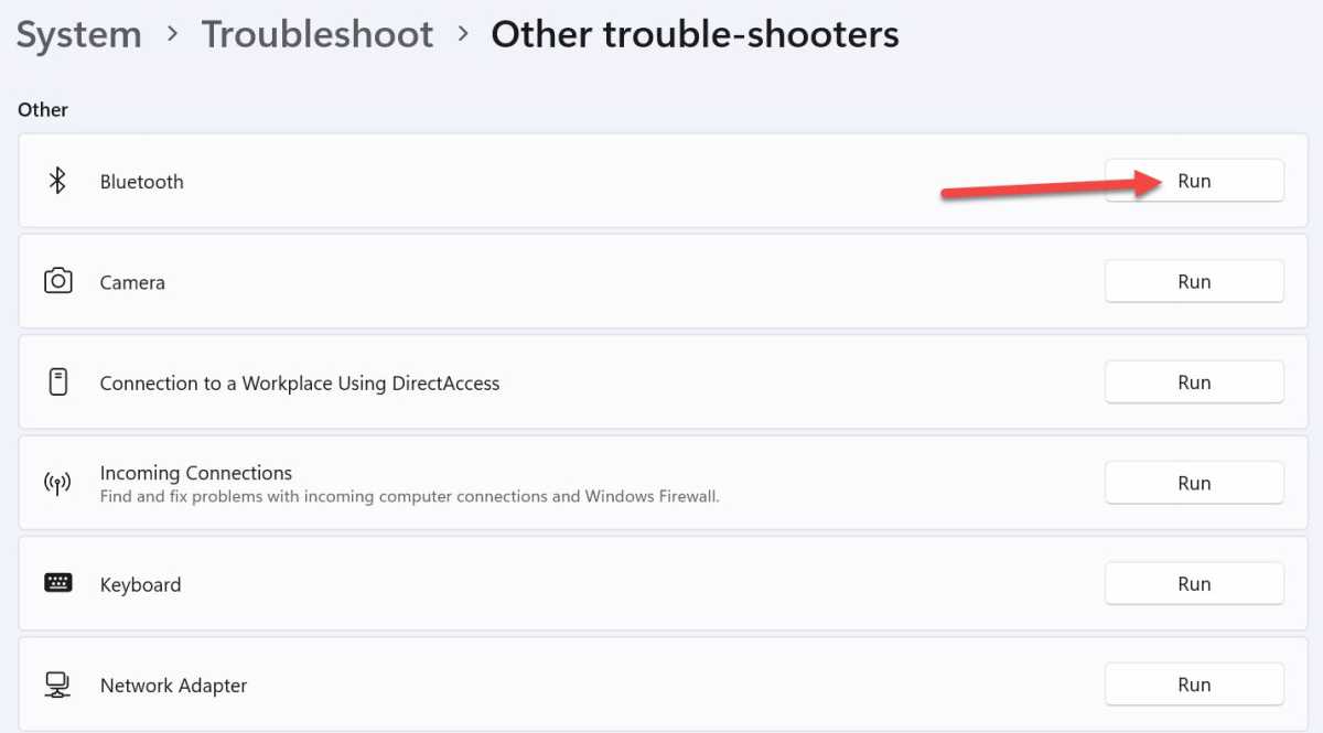 Windows 11 Bluetooth troubleshooter with Run highlighted