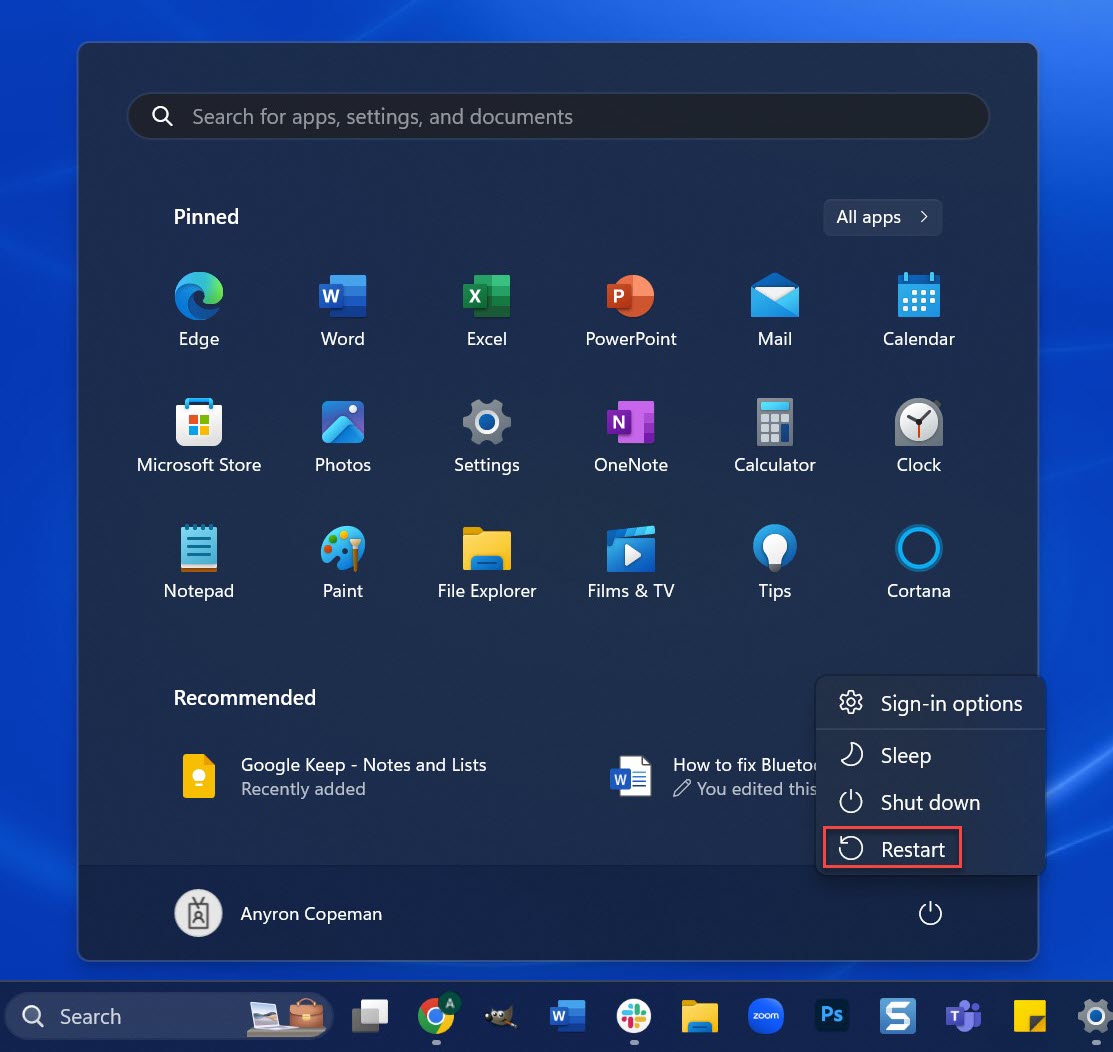 Windows 11 Start menu with the Restart button highlighted