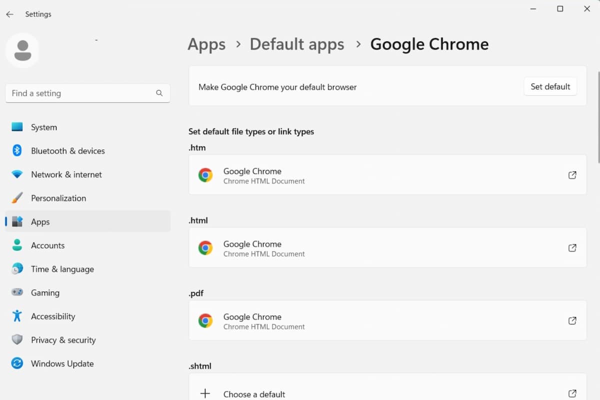 Scroll through the list of file and browser types and click to change specific ones.