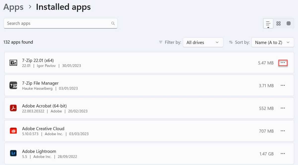 Windows 11 installed apps settings with three dots highlighted