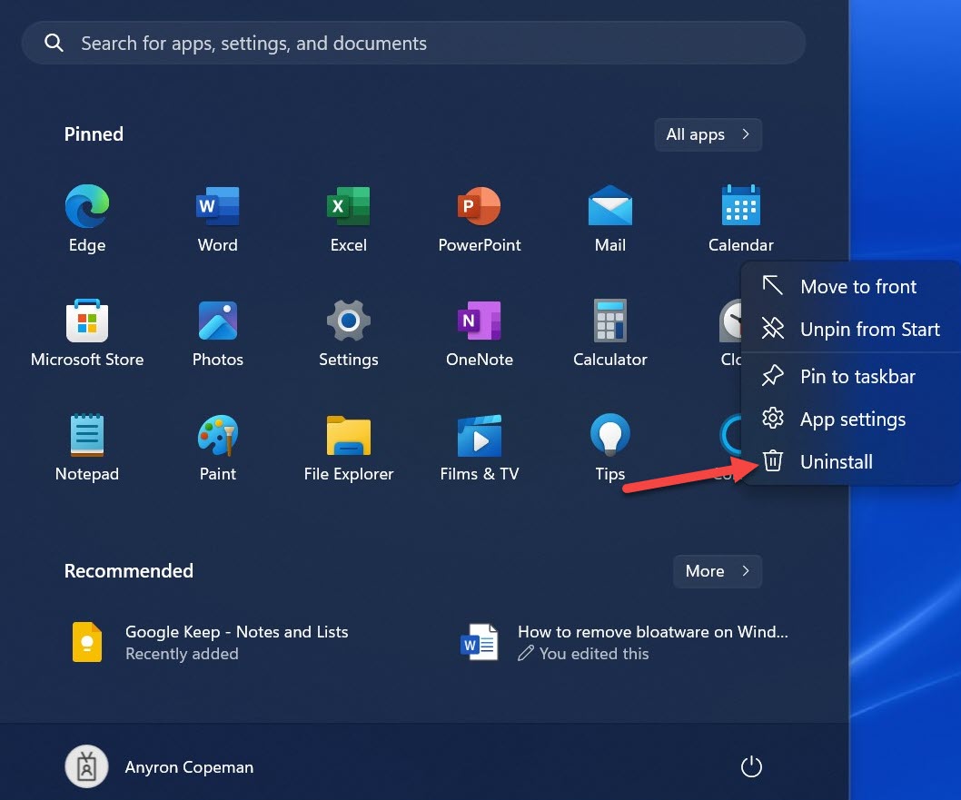 Windows 11 Start Menu right-click options with Uninstall indicated