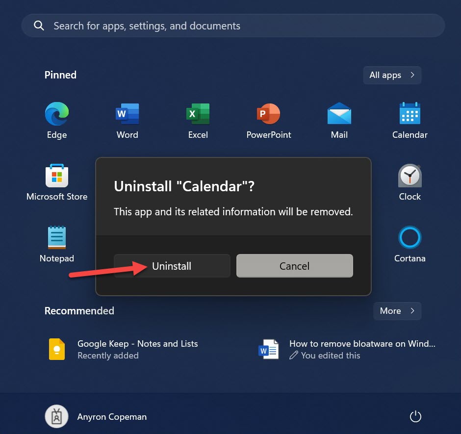 Windows 11 Start menu uninstall confirmation screen