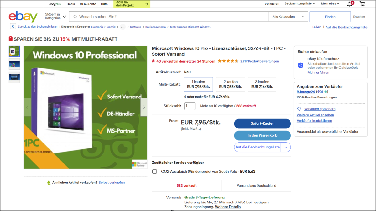 Windows 10 Pro bei eBay kaufen