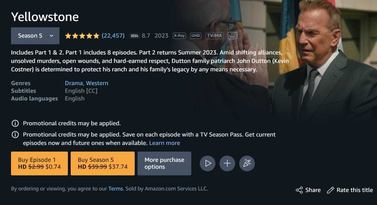 Yellowstone purchase page on Amazon Video