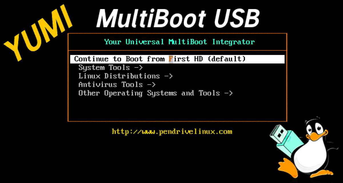 Das Bootmenü eines USB-Sticks mit Yumi: Sie wählen aus, mit welchem OS das System starten soll