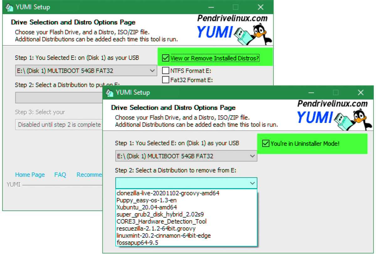 Yumi im Uninstaller-Modus: Die unscheinbare Option „View or Remove…“ wechselt den Modus. Jetzt zeigt Yumi die bereits vorhandenen Systeme und bietet die Deinstallation.