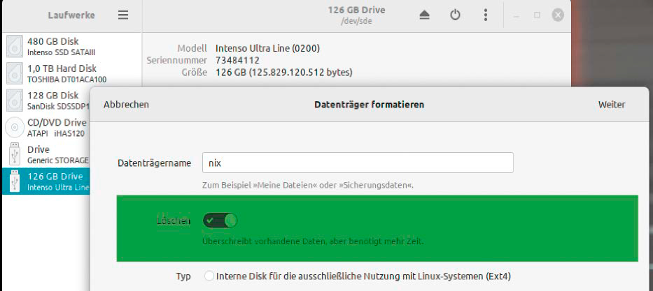 Grafische Partitionswerkzeuge (hier das Gnome-Laufwerkstool) mit Schredderfunktion: Diese Option erscheint beim Formatieren eines Datenträgers.