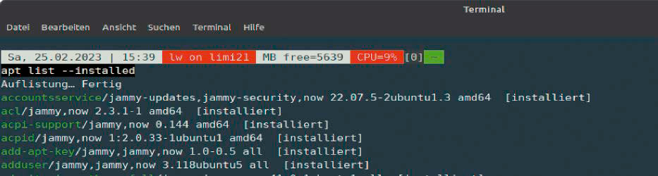 Software-Inventur: Alle mit apt (Debian/Ubuntu/Mint) installierten Programme zeigt dieser Befehl. Mit dem Paketnamen (vorne, grün) kann Überflüssiges deinstalliert werden.