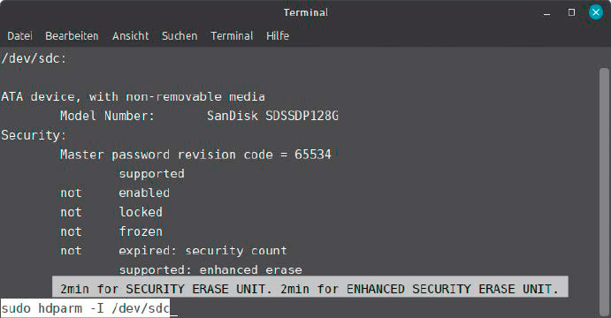 Das Tool hdparm fragt an, ob die Firmware eines SSD-Laufwerks das „Security Erase“ unterstützt. Diese Fähigkeit wird hier bestätigt mit einer voraussichtlichen Dauer von zwei Minuten.