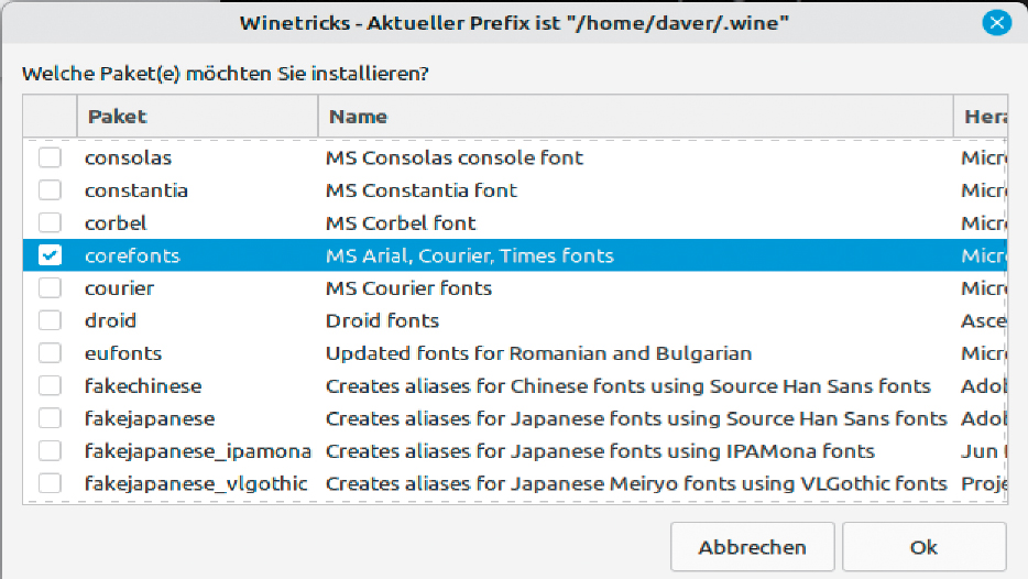 Ohne die „corefonts“ geht wenig: Einige Anpassungen im grafischen Konfigurationstool winecfg sind für Windows- Programme in Wine essenziell. Auch Original-DLLs sind hier installierbar.