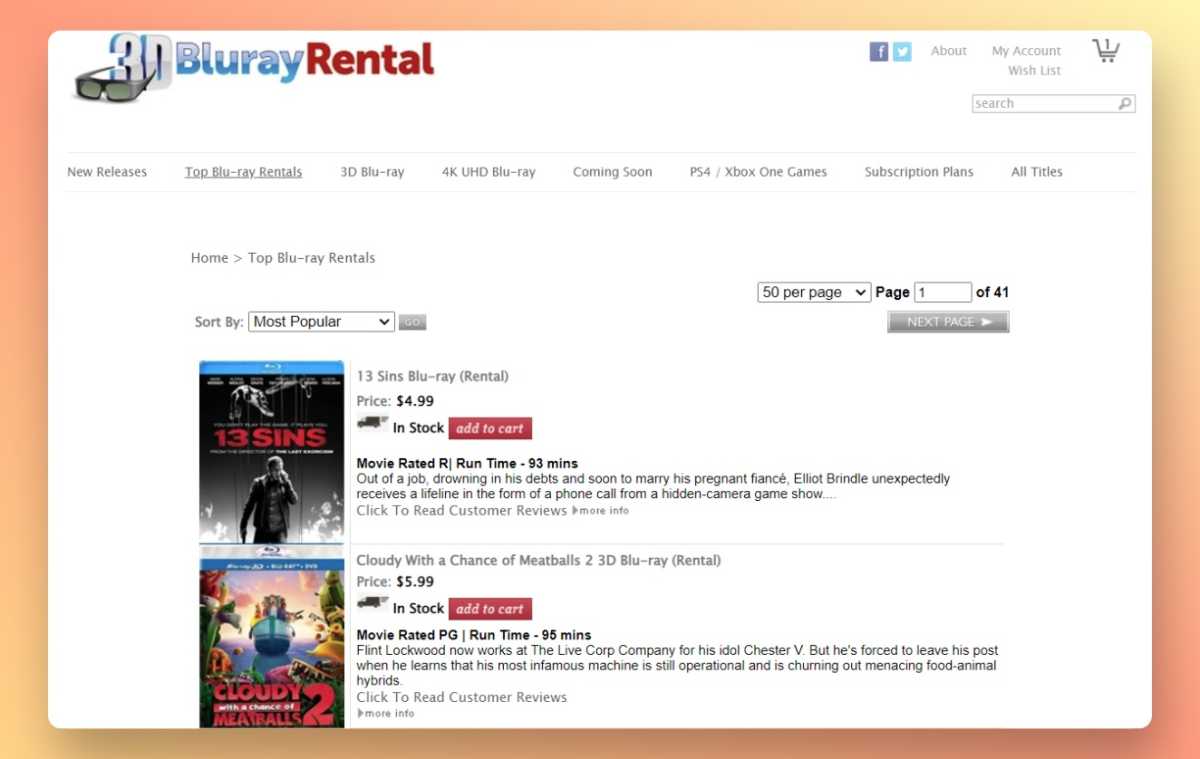 3DBlurayRental list of popular Blu-ray discs