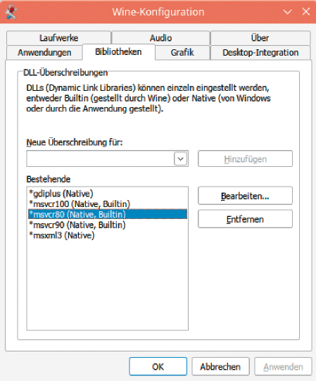 Ersetzt einzelne Windows-Bibliotheken: Einige Programme erfordern über winecfg den Austausch der mitgelieferten Wine-Bibliotheken mit originalen Windows- DLLs.
