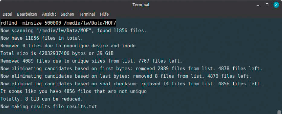 Dublettenfahnder rdfind: Das Bild zeigt einen Analyselauf ohne Löschaktion. Die Ergebnisse werden standardmäßig die Textdatei „results.txt“ geschrieben.