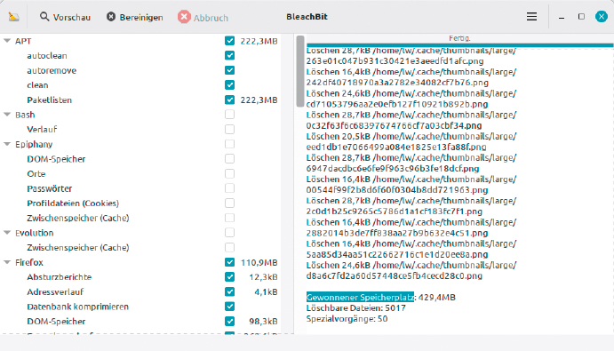 Löschklassiker: Bleachbit informiert vorab über die Löschmengen und ist ideal zum periodischen Aufräumen von Browsercache, apt- Cache, verwaisten Paketen und temporären Dateien.