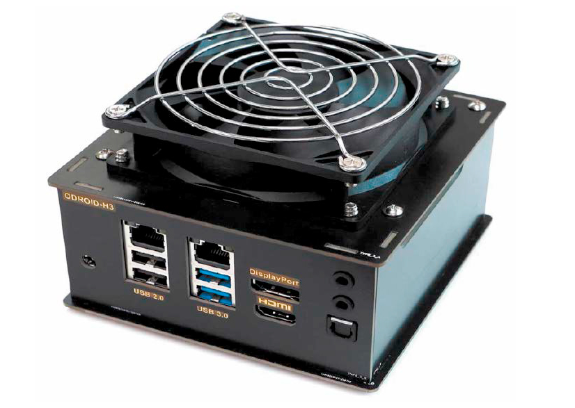 Odroid H3+ im Gehäuse: Damit die CPU kühl bleibt, empfiehlt der Hersteller ein Gehäuse mit aufgesetztem Lüfter für die Abfuhr der Wärme aus dem Gehäuse.