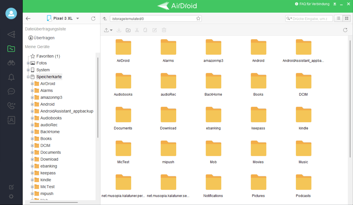 Airdroid bietet Ihnen im einfachsten Verbindungsmodus zwischen PC und Smartphone lediglich die Ordnerstruktur des Mobilgeräts. Das reicht, um Daten auszutauschen, für mehr Möglichkeiten müssen Sie Airdroid Cast verwenden.
