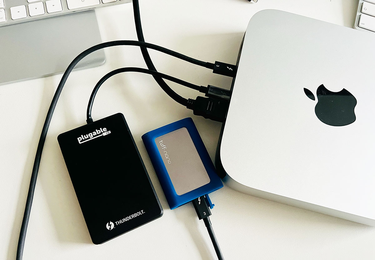 Apple Mac mini with two external SSDs