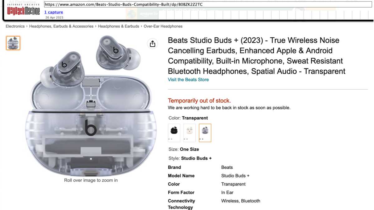 Screenshot der Produktseite der Beats Studio Buds+ auf Amazon.com