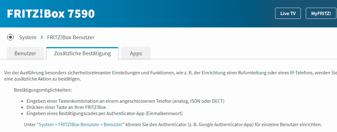 Fritzbox zusätzliche Bestätigung