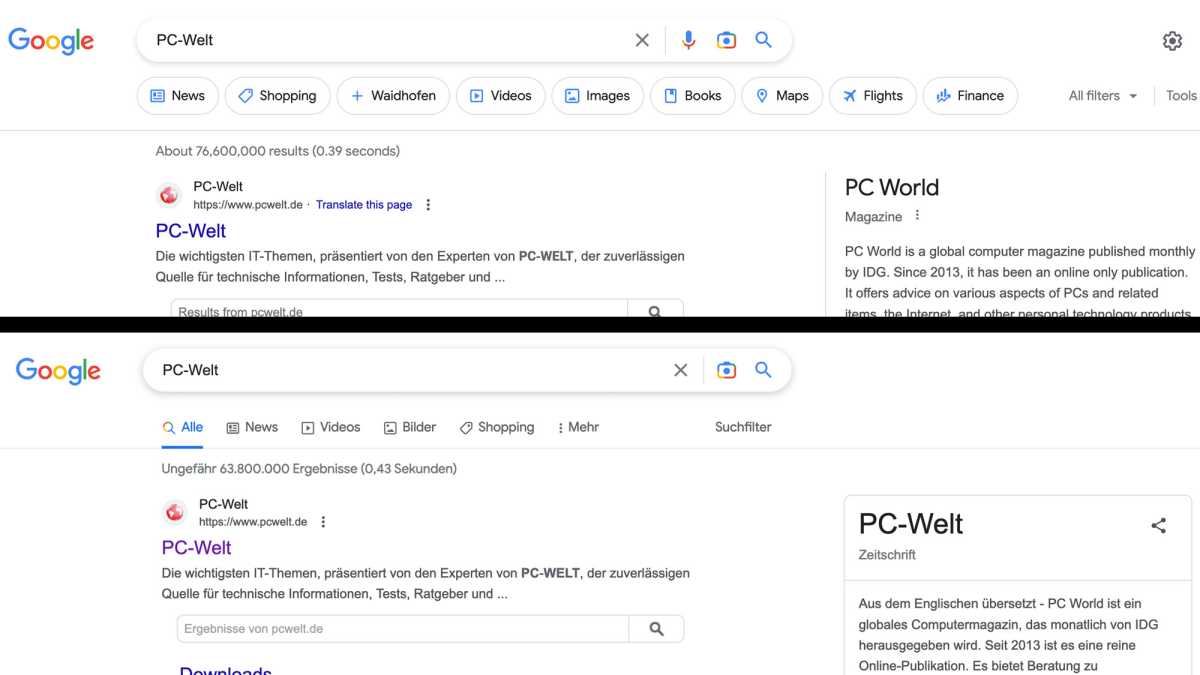 Google Navigationsleiste in den USA vs. in Deutschland