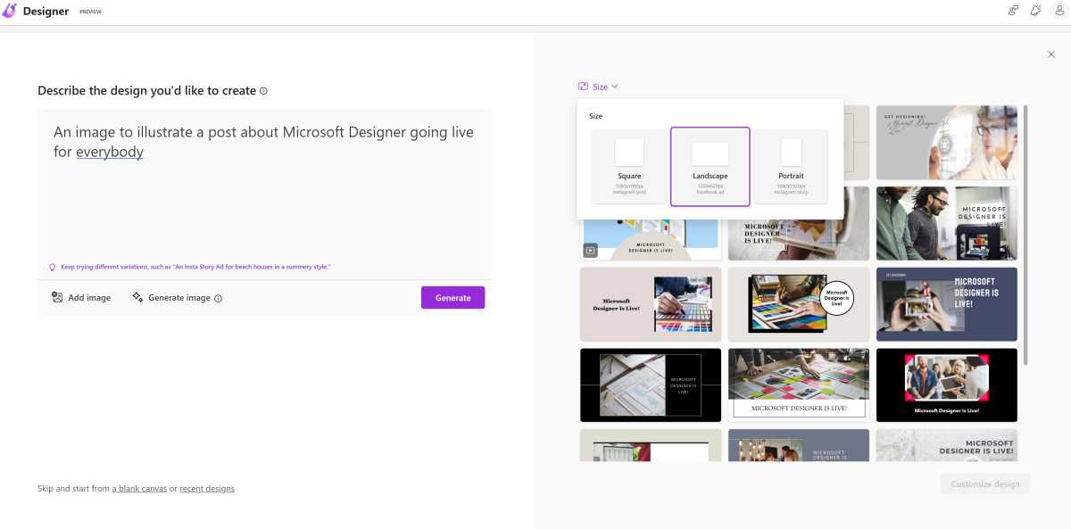 Teams Microsoft Designer start screen
