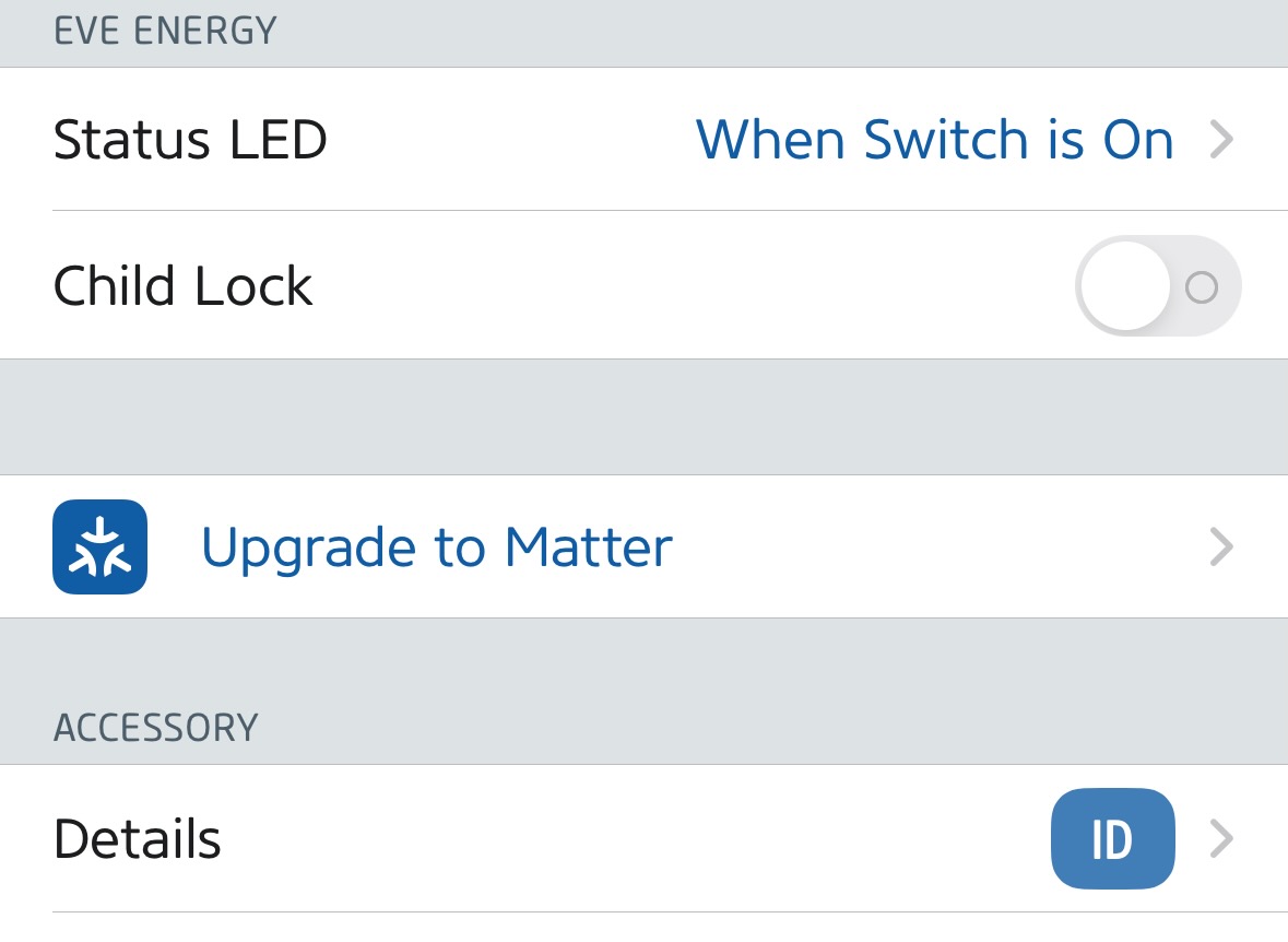 Eve Matter update Upgrade to Matter setting