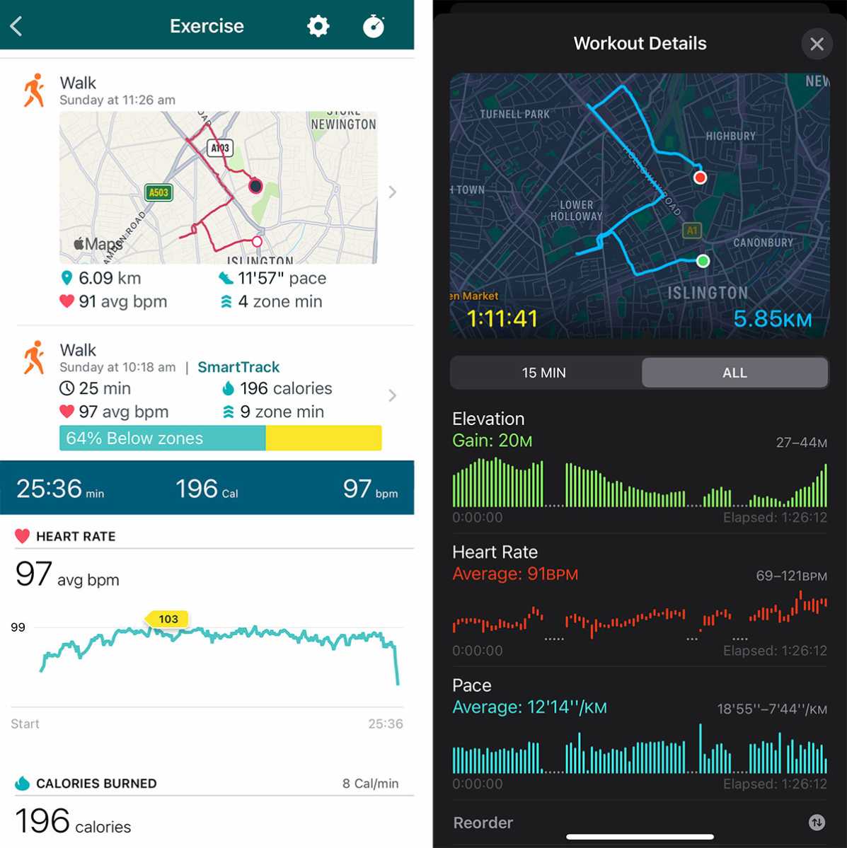Fitbit Exercise data vs Apple Watch Workout data graphs