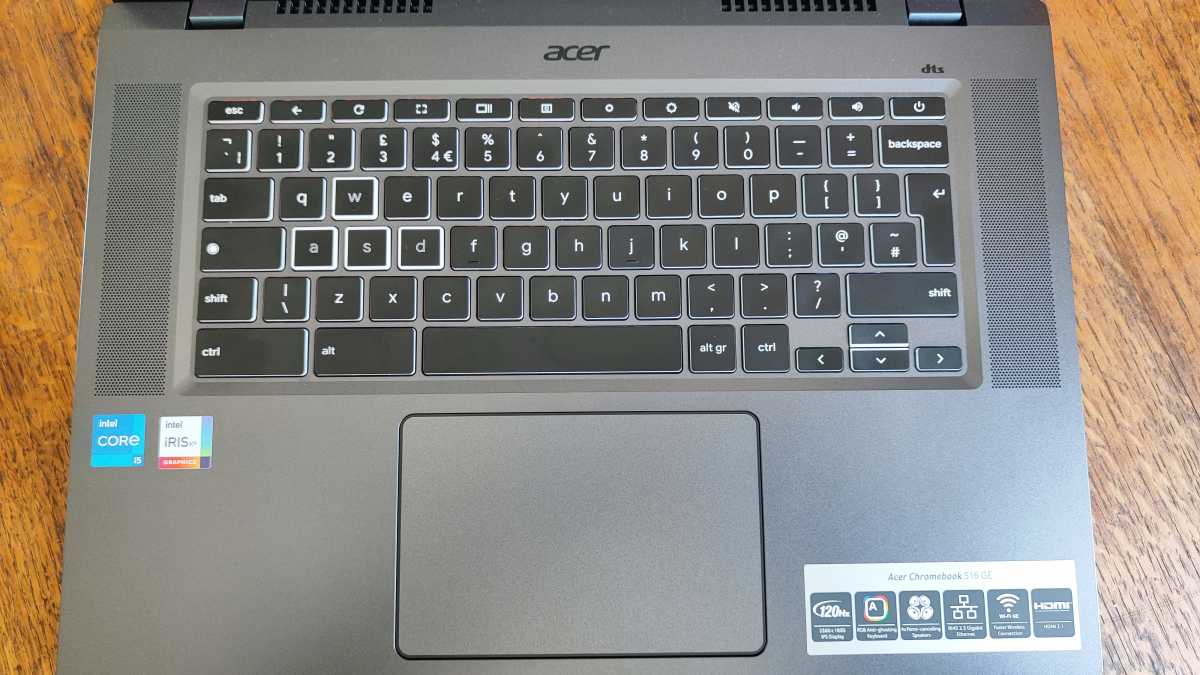 Overhead shot of the Acer Chromebook 516 GE keyboard and trackpad