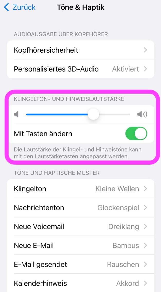 Lautstärke des iPhone-Weckers in der Einstellungen-App regeln