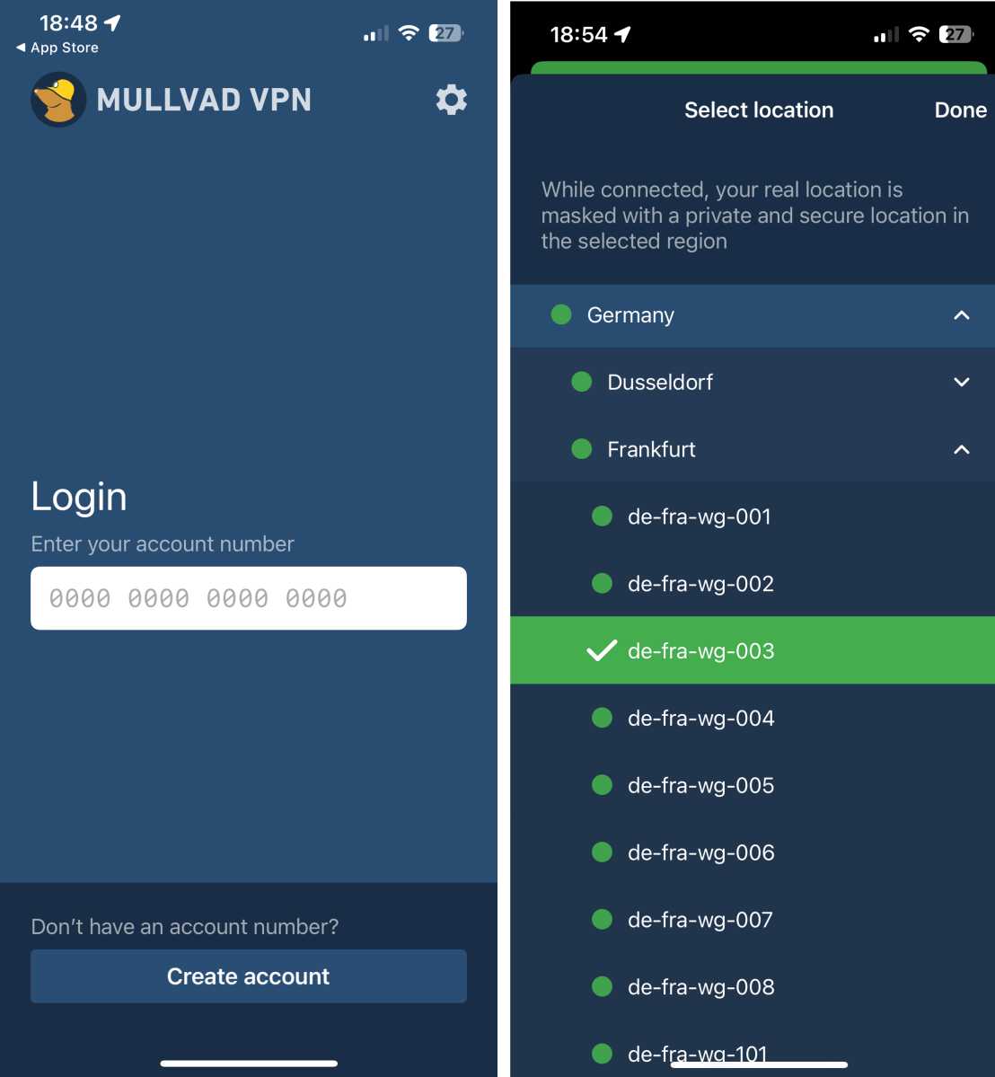 Auf dem iPhone den Ort für Mullvad VPN auswählen