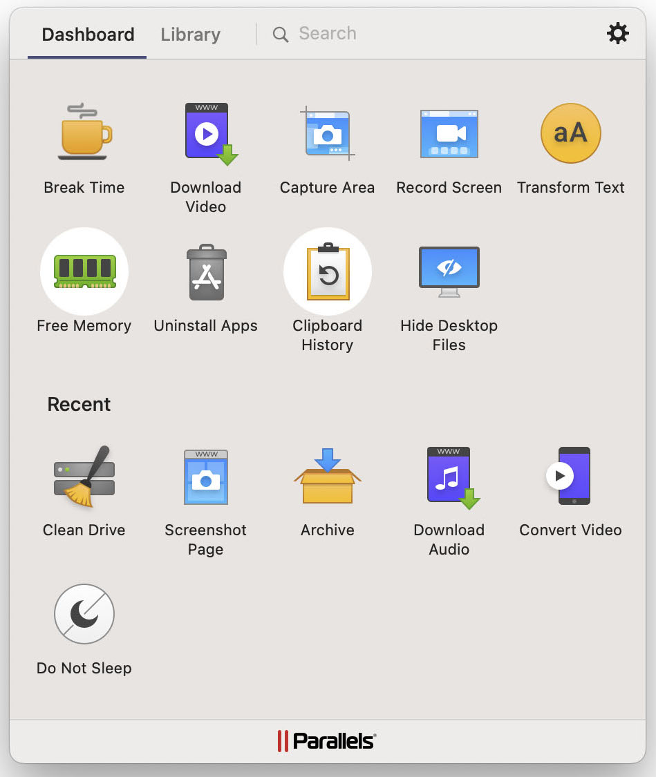 Dasbor utama Parallels ToolBox
