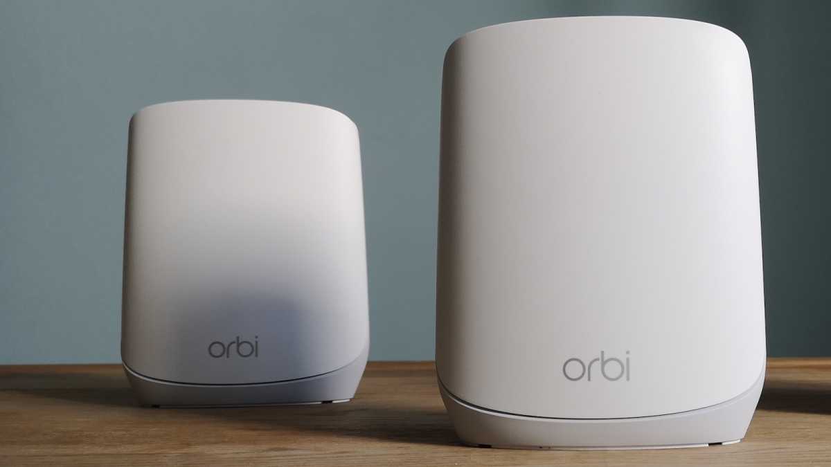 A Netgear Orbi RBR760 router and RBS760 satellite, viewed from the front