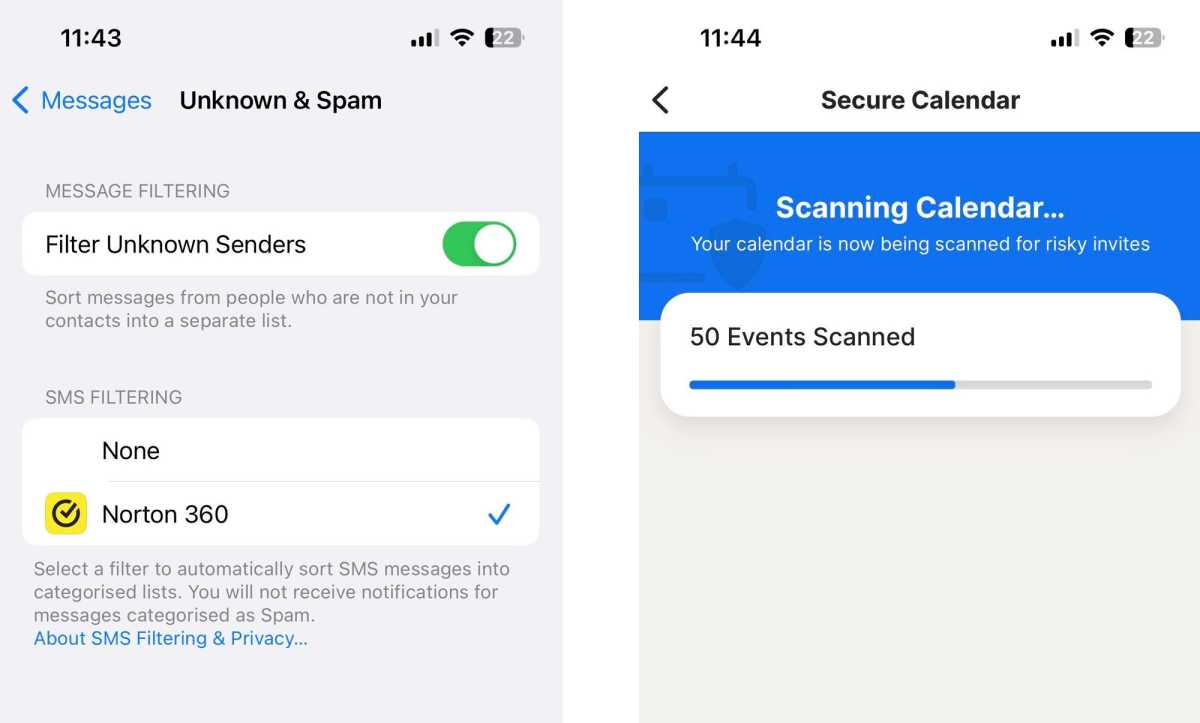 Norton 360 review 2023 - iPhone SMS and calendar filtering