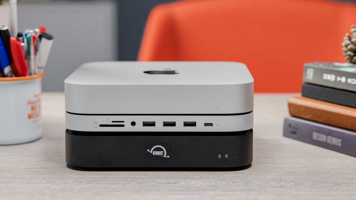 Apple Mac mini with Satechi Stand & Hub and OWC miniStack STX from front