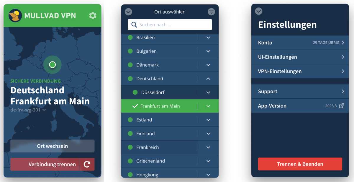 In der Mullvad App den Ort und Server auswählen