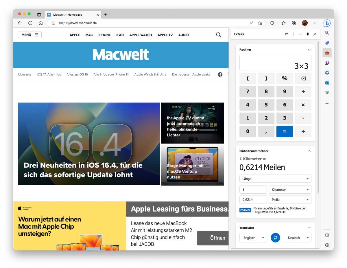 Edge besitzt praktische Tools in der Seitenleiste wie einen Rechner...