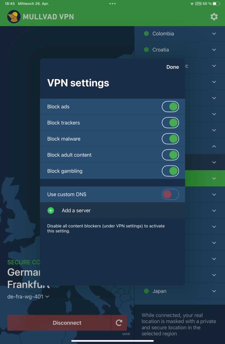 Einstellungen für Mullvad VPN auf dem iPad
