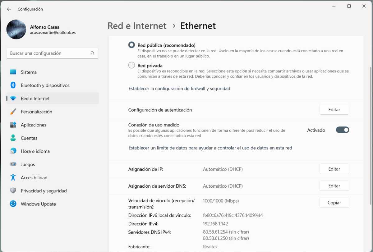 Windows 11 conexión de uso medio