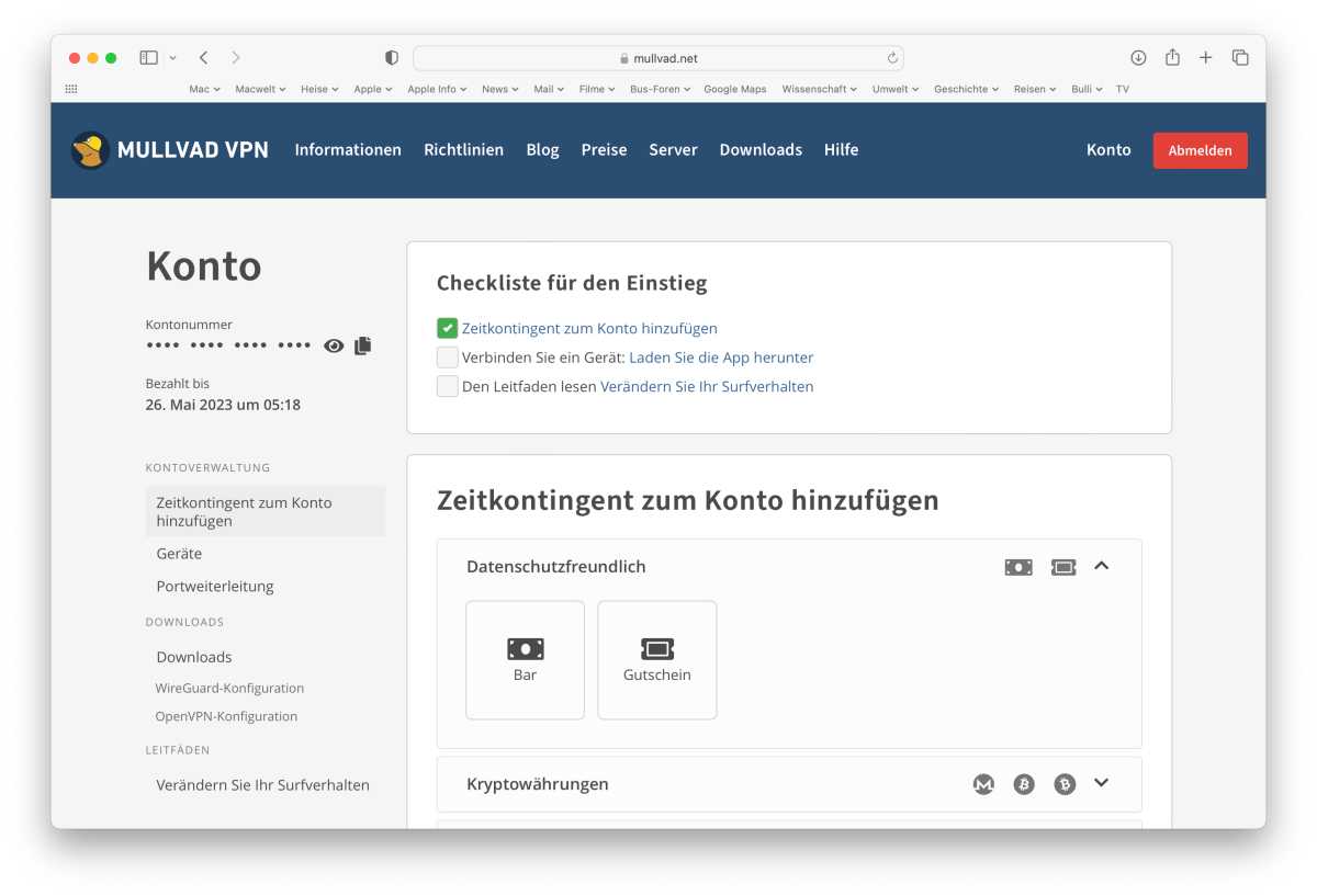 Bezahlmethode für Mullvad VPN auswählen
