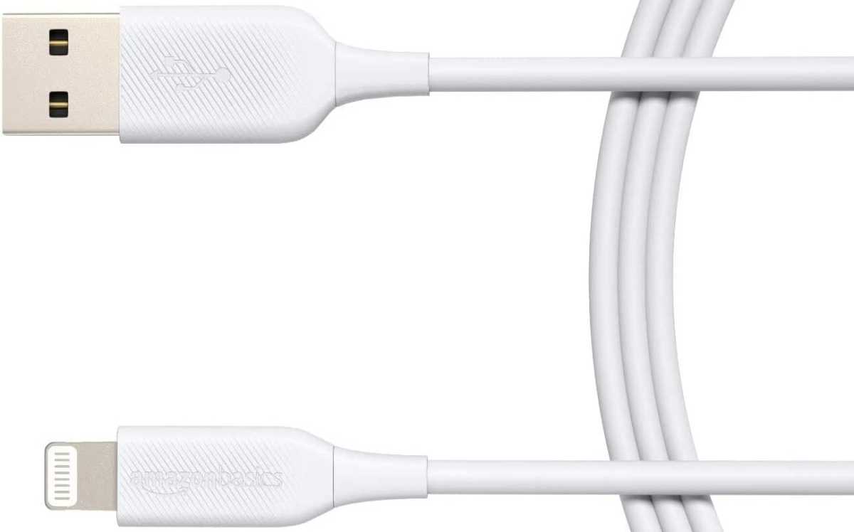 AmazonBasics cable with Lightning on one end and USB-A on the other.