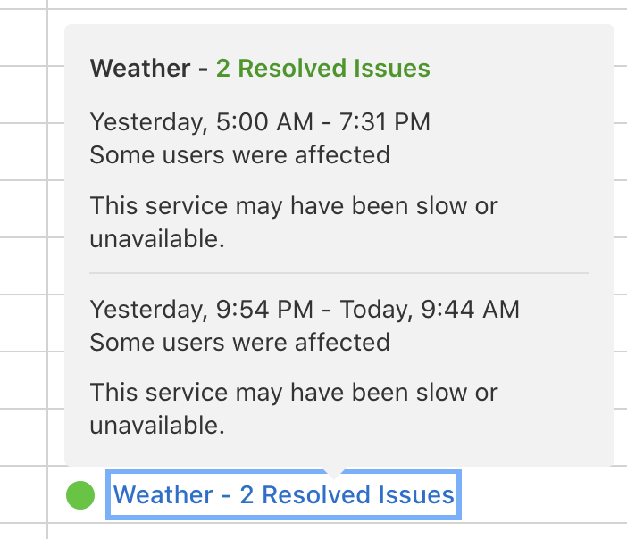 Bildschirmausschnitt von Apples Service-Status-Webseite mit gelösten Wetter-Problemen