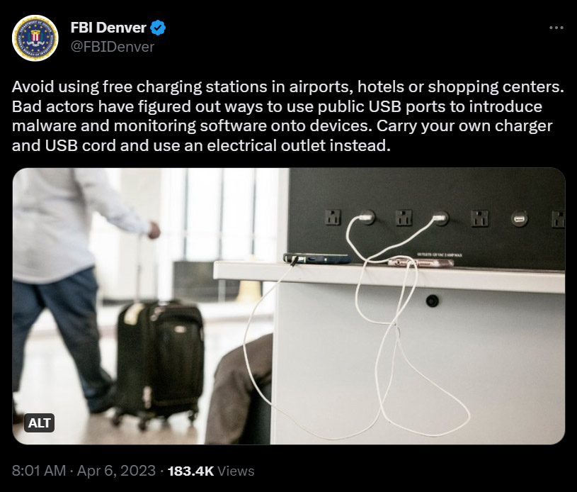 FBI denver tweets warning against public phone chargers